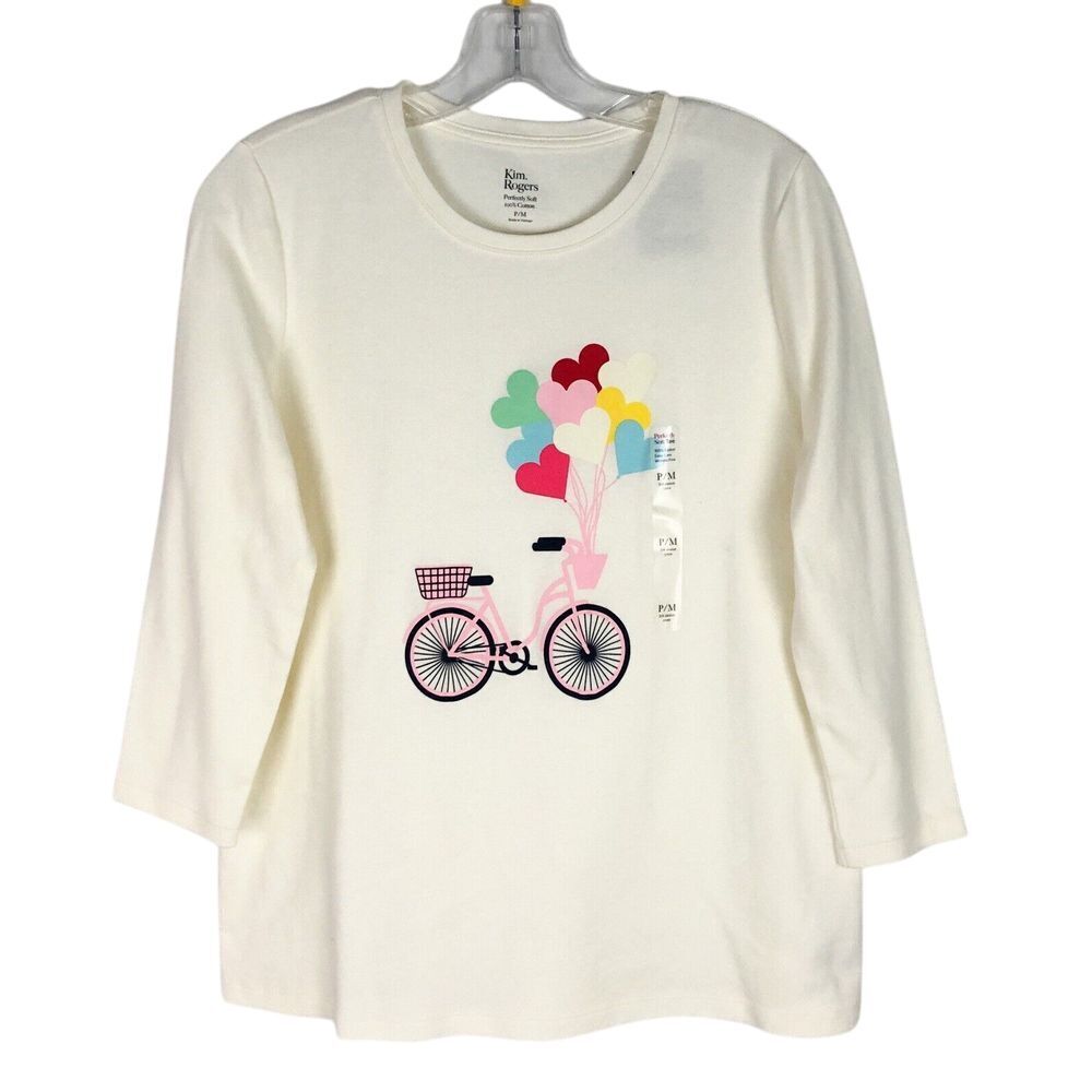 Kim Rogers Perfectly Soft 3/4 Sleeve Graphic Tee Ivory Size P/M Bike - Picture 1 of 4